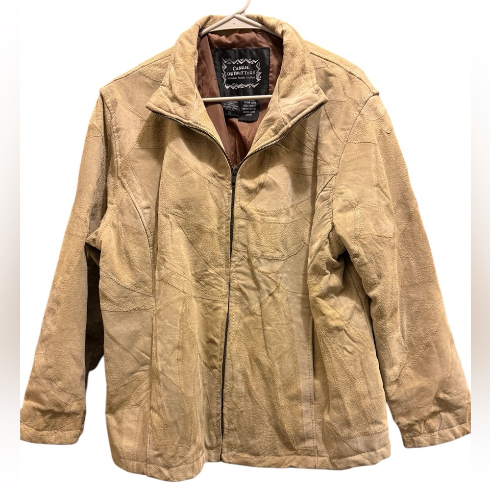 Genuine Suede Leather Cream Patchwork Jacket Zipper Up XL